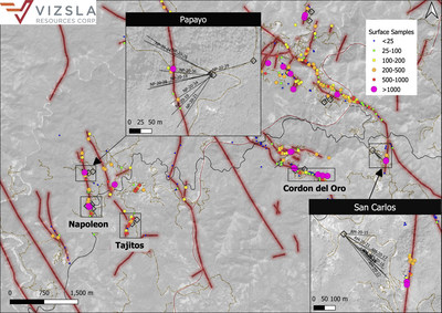 Figure 1: Plan view of Papayo and San Carlos prospects with drill hole locations labelled and surface sampling locations. (CNW Group/Vizsla Resources Corp.)