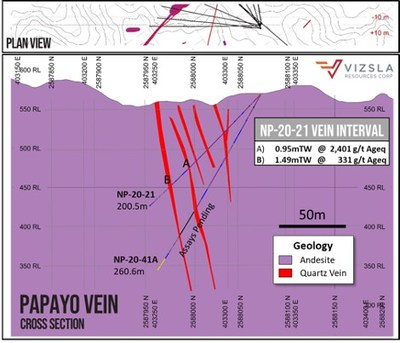 Figure 2: Cross section of Papayo hole NP-20-21 and NP-20-41A (not reported) (CNW Group/Vizsla Resources Corp.)