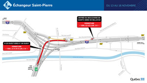 Autoroute 20 et route 138 dans l'arrondissement de Lachine à Montréal - Entrave dans l'échangeur Saint-Pierre durant la fin de semaine du 13 novembre 2020