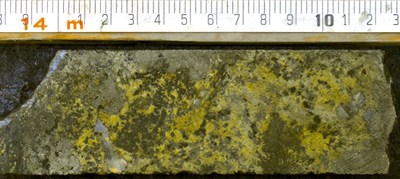 Figure 1– Mineralized drill core from 389.5 metres in DDH20-SD-466 showing high-grade massive sulphide copper replacement style mineralization. The 1.25m sample ran 15.03% CuEq (CNW Group/Sun Metals)