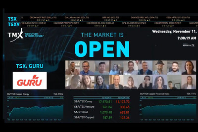 Carl Goyette, President and CEO, GURU Organic Energy (TSX: GURU), and his team joined David Chelich, Sector Head, Global Energy and Diversified Industries, TMX Group to celebrate the Company’s new listing on Toronto Stock Exchange and open the market. (CNW Group/TMX Group Limited)
