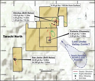 Figure 1: Tarachi North Area. San Javier – Mineralization host in sheared, brecciated and altered volcanics and mineralization open along strike and to depth. (CNW Group/Tarachi Gold Corp.)