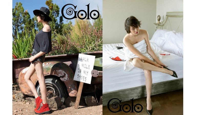 GOLO SHOES FALL 2020 CAMPAIGN 
(LEFT): " Walk a Mile in Her Shoes" featuring Ren Sprigs a rising Transsexual Supermodel 
(RIGHT): "Protect Yourself" a follow-up in response to the backlash and criticism