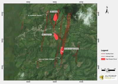 Map 1: Three high-grade shoot discoveries to date, La Ivana, Megapozo and Roberto Tovar with less than 20% of projected vein systems tested. All three targets drilled to date have delivered large high-grade shoots. (CNW Group/Outcrop Gold Corp.)