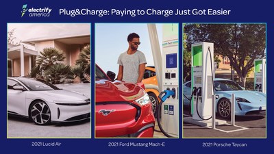 The Porsche Taycan, Ford Mustang Mach-E and Lucid Air (right to left) will be the first electric vehicles to use Electrify America’s payment technology called ‘Plug&Charge”, which eliminates the need to reach for a wallet, smartphone or bankcard. The payment and charging are automatic when the EV connects with the Electrify America charger.