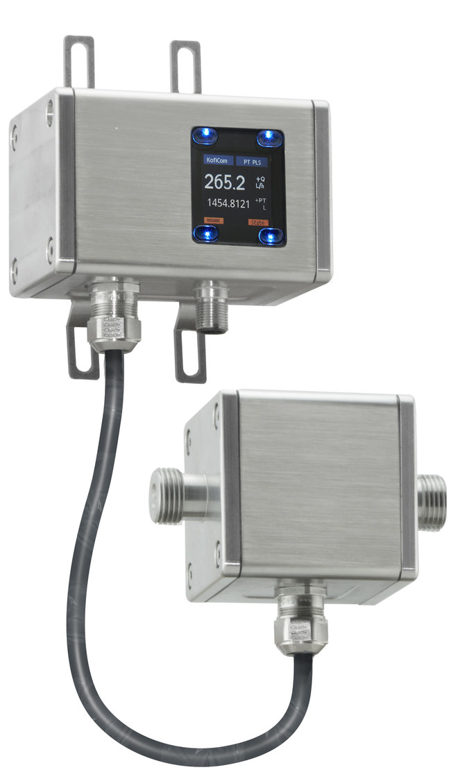 With the remote version of the MIM, the unit in contact with the media only contains the sensor. The electronics and display are housed separately and connected to the pipe via a cable at a safe distance from the sensor unit. It is able to handle temperatures up to 284 degrees Fahrenheit.