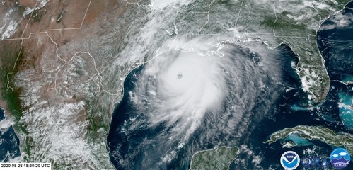 Category 4 Hurricane Laura barrels toward Louisiana, August 26, 2020. Image courtesy of NOAA.