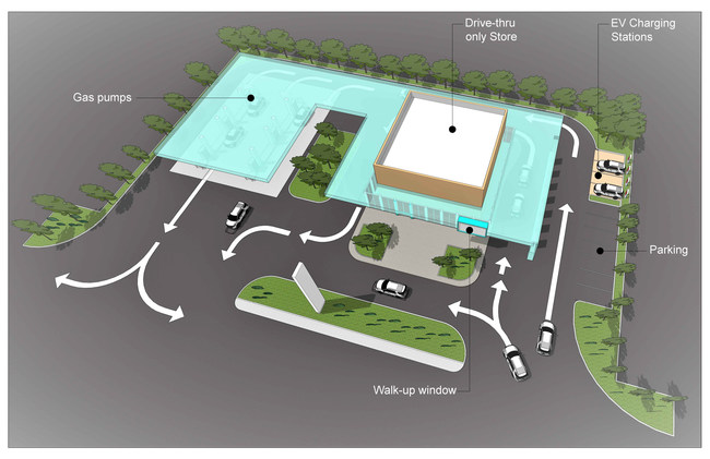 Conceptual plan from Bona Design Lab shows drive-thru-only c-store on site that also includes a walk-up window, EV charging stations and gas pumps.