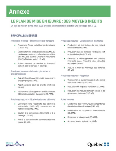 Annexe - Plan de mise en œuvre (Groupe CNW/Cabinet du premier ministre)