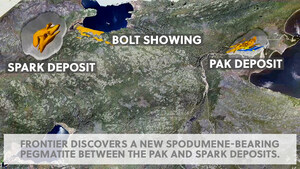 Frontier discovers a new spodumene-bearing pegmatite "Bolt" between the PAK and Spark deposits.