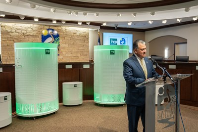 City of Baytown Mayor Brandon Capetillo announces implementation of Integrated Viral Protection Biodefense Indoor Air Protection System units at city buildings at a press conference at Baytown City Hall on Monday, November 17. Photo credit: Michael Anthony
