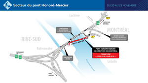Route 138 entre Kahnawake et Montréal (arrondissement de LaSalle) - Une voie ouverte par direction sur le pont Honoré-Mercier durant la fin de semaine du 20 novembre