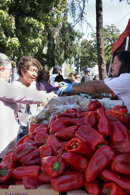 Participants in Pico-Union receiving free produce items at National Health Foundation's Resource Fair in April of 2019 (pre-COVID).