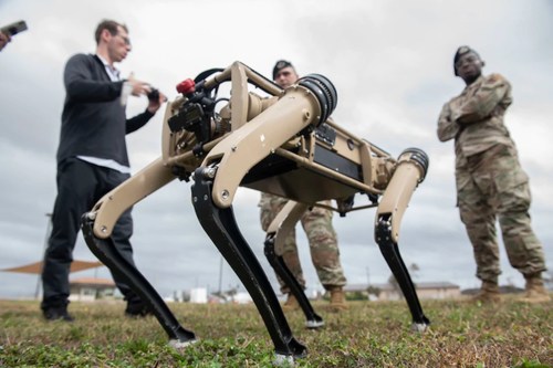 An unmanned ground vehicle is tested at Tyndall Air Force Base, Fla., Nov. 10, 2020. Tyndall AFB is one of the first military bases to implement the semi-autonomous UGV’s into their defense regiment, integrated with Immersive Wisdom's 3D Virtual Operations Center. The “computerized canines” will aid in reconnaissance and enhanced security patrolling operations across the base. (U.S. Air Force photo by Airman 1st Class Tiffany Price)