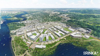 Aerial view of River Point District waterfront development on Mississippi River in La Crosse, WI. Rendering by RINKA.