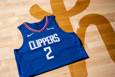 A Kawhi Leonard LA Clippers jersey displaying the new Honey patch is shown on the court at the Honey Training Center: Home of the LA Clippers as the two Los Angeles-based companies expand their partnership.