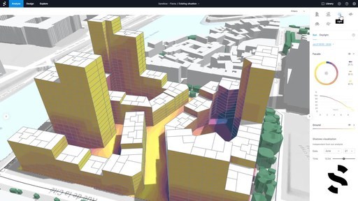Demonstration of Spacemaker evaluating urban design options based on integrated analysis and AI.