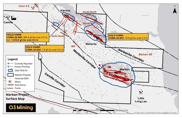 Figure 2: Malartic Property Drilling Map (CNW Group/O3 Mining Inc.)