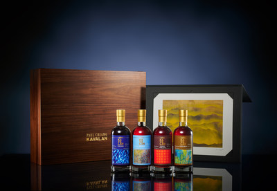 Kavalan launches 'Artists Series Collector Set' of four limited edition bottlings with silkscreen print by Paul Chiang titled “Mountain Range of Taiwan." Whiskies from left to right: Puncheon, Virgin Oak, French Wine Cask, and Peated Malt