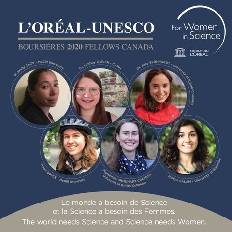 The 6 recipients of the 2020 Canadian L'Oral-UNESCO For Women in Science Fellowships. (CNW Group/L'Oral Canada Inc.)