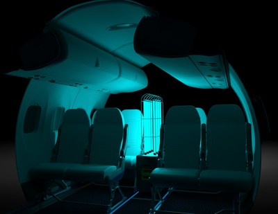 Scaled Illustration of RAY* in Dash 8-400 Aircraft Cabin

*Designed and manufactured by Aero HygenX, RAY is an autonomous robot 
that delivers high-frequency UVC light to disinfect aircraft cabins between flights. (CNW Group/De Havilland Aircraft of Canada)
