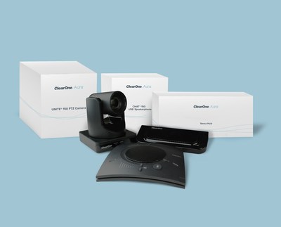 The Versa 150 Aura solution is a plug-and-play system including a UNITE® 150 12x optical zoom ePTZ camera and CHAT® 150 USB speakerphone.