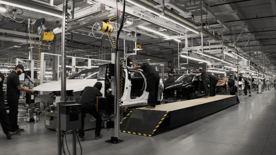 Lucid is already building a final series of production-representative Lucid Air at its factory, leveraging advanced processes such as an aircraft-inspired riveted and bonded monocoque body structure to endow Lucid Air with state-of-the-art structural efficiency. Customer-ordered production cars will start coming off the Arizona line in Spring 2021, with an initial capacity of up to 30,000 units annually growing to 400,000 units in 2028. (PRNewsfoto/Lucid Motors)