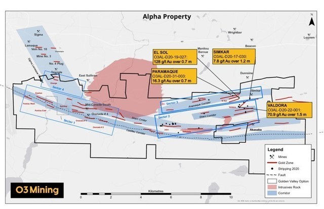 Figure 1: Alpha Property Map – Highlights Channel Sampling Program (CNW Group/O3 Mining Inc.)
