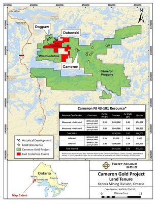 Plan map showing the location of the Cameron project and the East Cedartree claims (CNW Group/First Mining Gold Corp.)