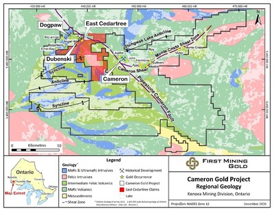 Plan map showing the regional geology of the Cameron Gold Project (CNW Group/First Mining Gold Corp.)