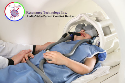Patient in photos is utilizing the CinemaVision MR-Compatible noise cancelling Headphones and Video Visor. This device paired together helps elimination the fear of claustrophobia during the dark and noisy MR scan procedure.