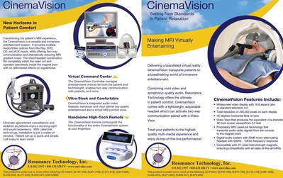 CinemaVision brochure/flyer showcases some of the system specifications. Displaying product photos of the entire MR Audio/Video System. Features include a Blu-Ray player, AUX connection and two-way communication.
