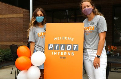 Pilot Company team members Chelsea Esposito and Joanna Martin at the Sales and Support Center headquarters in Knoxville, Tennessee during a September 2020 event for interns to pick up their remote work supplies.