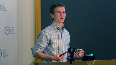 Aspyn Palatnick holding the world's first mobile genetics laboratory at Cold Spring Harbor Laboratory's 125th anniversary Open House. The combination of the new iPhone app, iGenomics, a DNA analyzer, and Oxford Nanopore's USB-sized MinION, a DNA sequencer, make genome analysis portable and accessible. Image Credit: ©Constance Brukin, 2015/CSHL