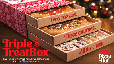 Pizza Hut is crossing holiday cooking off the to-do list by delivering the ultimate gift: the Triple Treat Box. This three in-one meal is perfectly wrapped in one festive box and includes two medium one-topping pizzas, five breadsticks and 10 – that’s right, TEN – Cinnabon® Mini Rolls.