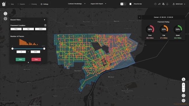 Tactile Mobility’s user interface demonstrating the state of the roads in a defined polygon, comparing month to month and highlighting the changes