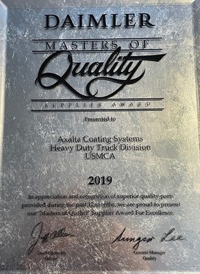 For 10 consecutive years, Axalta received the 2019 Masters of Quality supplier award from Daimler Trucks North America.