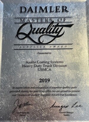 Axalta receives 2019 Masters of Quality supplier award from Daimler Truck