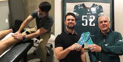 Mark Lewis MS, LAT, ATC, CSCS and ART Certified Practitioner performing an orthotic rehabilitation treatment along with Mark Lewis, former Philadelphia Eagles Athletic Trainer, current Orthotic Rehabilitation Program Director  Dr. Lee S. Cohen and Associates and Dr. Cohen, 33-year consultant to the Philadelphia Eagles pictured wearing their Super Bowl 52 Rings holding Dr. Cohen's Secret Weapon custom orthotic worn by athletes of all ages including the Philadelphia Eagles (picture on the right)