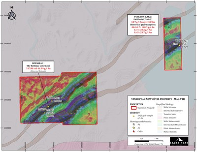 Figure 2: Rousseau gold property and Turgeon Lake gold property with 2020 grab samples location and high-resolution drone Mag survey - first vertical derivative (CNW Group/Starr Peak Exploration Ltd.)