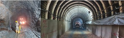 Figure 1. Pictures of the activities completed at the new mine portal under construction. 
Left: hard rock advances. Right: 46 steel arches have been installed. (CNW Group/Soma Gold Corp.)