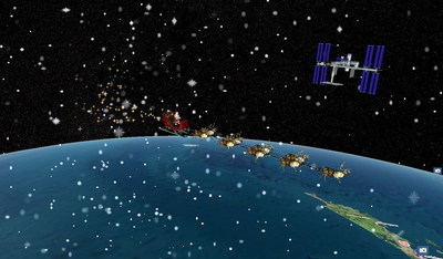 Santa's sleigh flying past the International Space Station on a precise digital twin of the Earth built by Cesium, a Philadelphia-based tech startup.