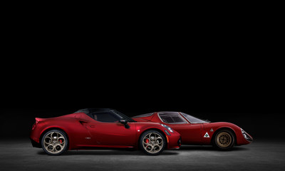 The limited-edition Alfa Romeo 4C Spider 33 Stradale Tributo alongside its inspiration, the legendary 33 Stradale