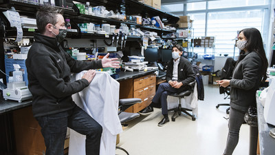 A team of scientists at Gladstone Institutes led by Benoit Bruneau (left), including Irfan Kathiriya (center) and Kavitha Rao (right), make inroads into understanding what genes are improperly deployed in some cases of congenital heart disease.