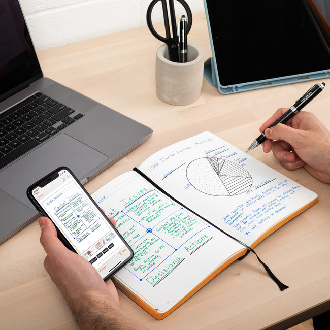 Designed for thinkers from the boardroom to the classroom, the THINKERS Notebook combines a uniquely designed, 256-page, 5mm dot grid, lay flat journal with an intuitive mobile app for quickly capturing and collaborating on pages from the notebook