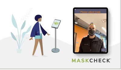 MaskCheck kiosk and app view as it screens a man for face mask compliance, and says "Please adjust mask."