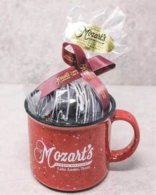 Austin's famed Mozart’s coffee roasters/award-winning bakery has an exquisitely artisanal take on a national craze. Each luscious 1.75  oz. “Mozart’s Cocoa Bomb Blossom” is crafted by staff using the finest quality chocolate, finished with pure 70% Ecuadorian cocoa, and an artist-cut marshmallow bloom that bursts open with hot milk. ($18.95/4) Ships nationwide. Wrapped for pickup and app delivery with an ATX-collectible bespoke tin Campfire Mug. (Sold Separately in 10 colors. $12.99)