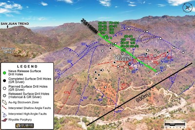 Figure 1: Drone Image of the Plomosas Mine Area (looking to the NW) - Drill Hole Location Map (CNW Group/GR Silver Mining Ltd.)