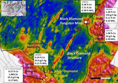 Figure 1 - Silver Diamond, Copper Valley and Black Diamond Prospects on top of Airborn SkyTEM Magnetics (CNW Group/Stuhini Exploration Ltd.)