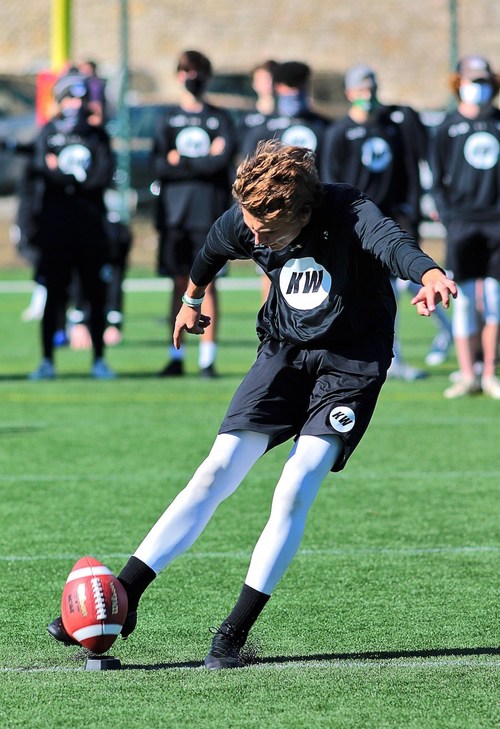 Kicking Competition winner kicks a ball at the 2020 Kicking World National Showcase in Austin, TX